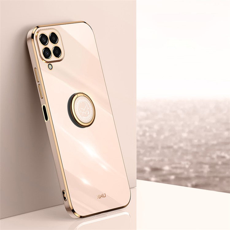 XINLI For Samsung Galaxy M53 5G Electroplating Golden Edge Soft TPU Cover Precise Lens Cutout Phone Case with Ring Kickstand - Pink