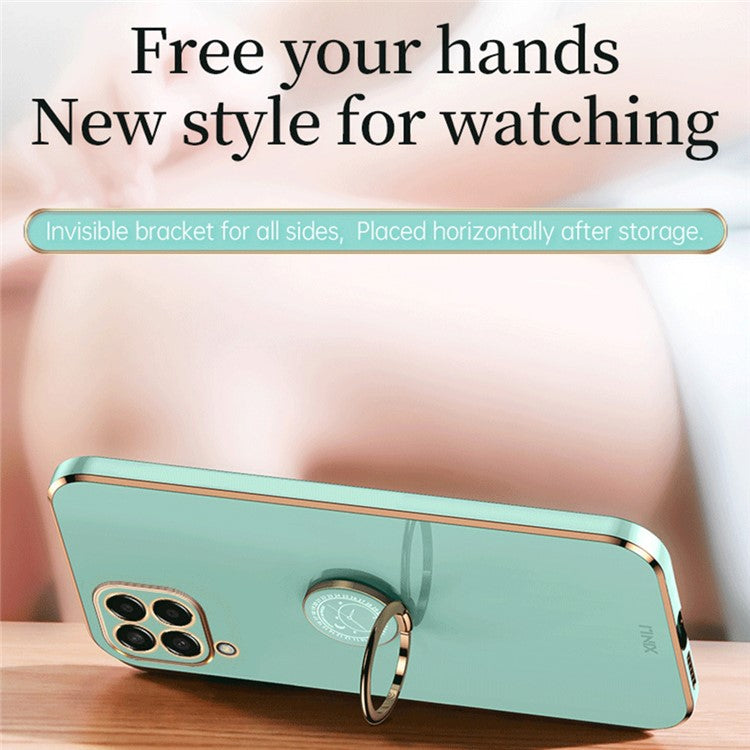 XINLI For Samsung Galaxy M53 5G Electroplating Golden Edge Soft TPU Cover Precise Lens Cutout Phone Case with Ring Kickstand - Pink