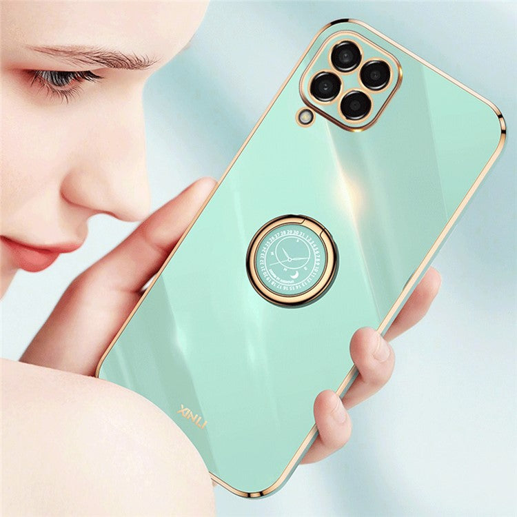 XINLI For Samsung Galaxy M53 5G Electroplating Golden Edge Soft TPU Cover Precise Lens Cutout Phone Case with Ring Kickstand - Pink