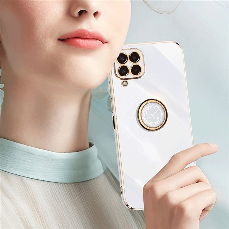 XINLI For Samsung Galaxy M53 5G Electroplating Golden Edge Soft TPU Cover Precise Lens Cutout Phone Case with Ring Kickstand - Pink