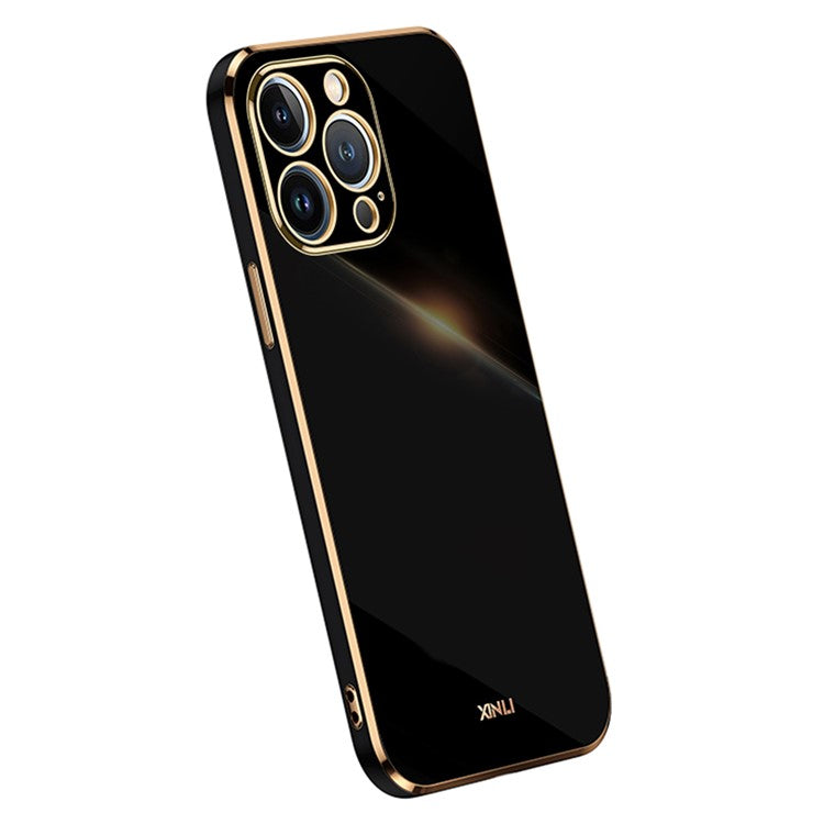 XINLI For iPhone 14 Pro Max Anti-fall Phone Case Electroplating Golden Edge Precise Lens Cutout TPU Phone Cover - Black