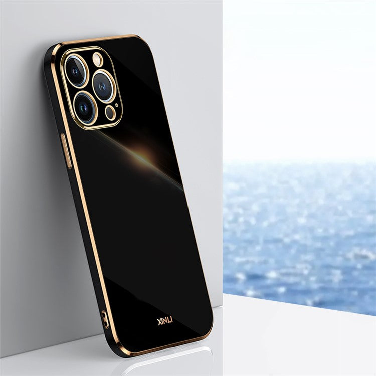 XINLI For iPhone 14 Pro Max Anti-fall Phone Case Electroplating Golden Edge Precise Lens Cutout TPU Phone Cover - Black