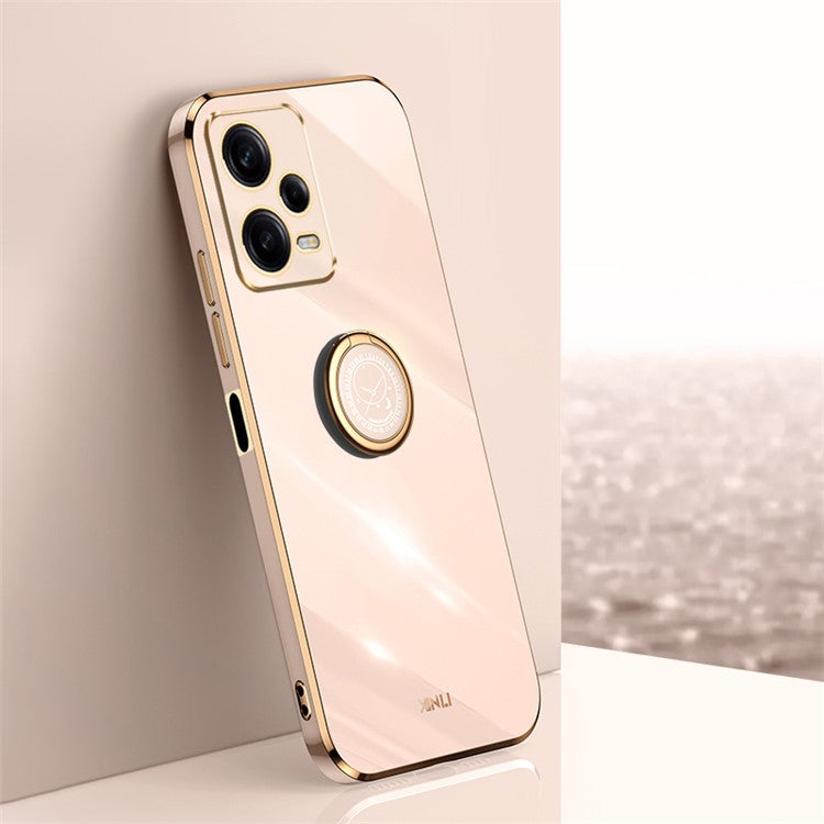 XINLI For Xiaomi Redmi Note 12 Pro 5G Ring Holder Kickstand TPU Phone Cover Case with Electroplating Edge - Pink