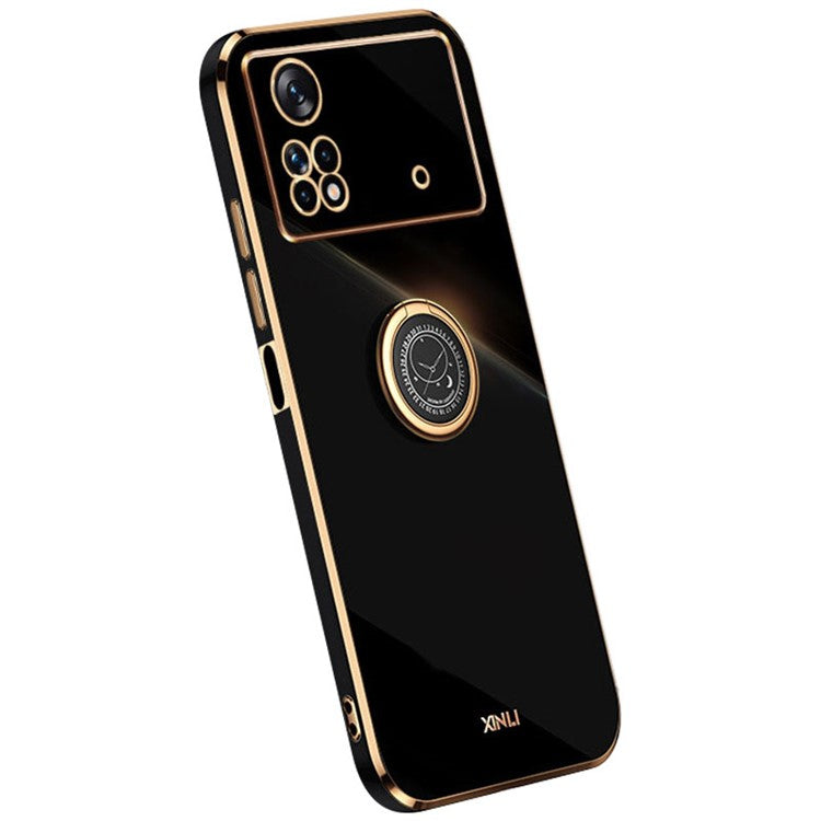 XINLI Electroplating Phone Case for Xiaomi Poco X4 Pro 5G, Flexible TPU Back Cover with Kickstand - Black