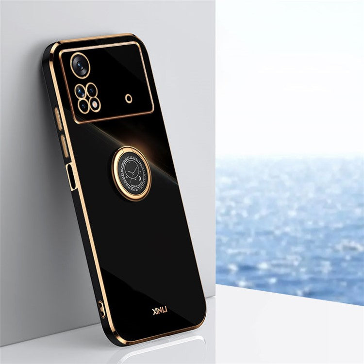 XINLI Electroplating Phone Case for Xiaomi Poco X4 Pro 5G, Flexible TPU Back Cover with Kickstand - Black
