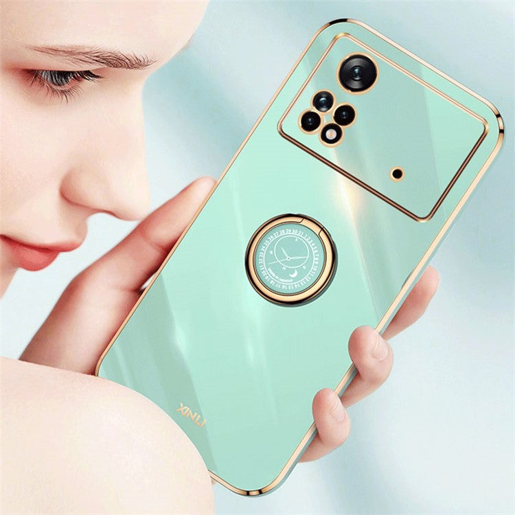 XINLI Electroplating Phone Case for Xiaomi Poco X4 Pro 5G, Flexible TPU Back Cover with Kickstand - Black