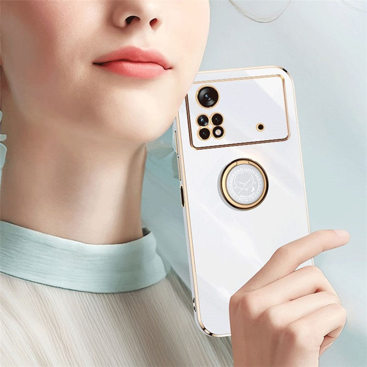 XINLI Electroplating Phone Case for Xiaomi Poco X4 Pro 5G, Flexible TPU Back Cover with Kickstand - Black
