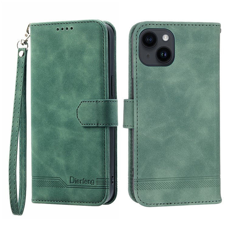 DIERFENG DF-03 Drop-proof Phone Case for iPhone 14, Lines Imprinted Leather Cell Phone Cover with Wallet Stand - Green