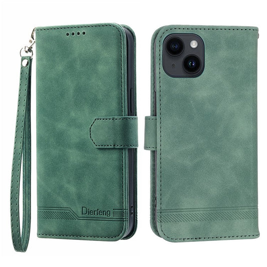 DIERFENG DF-03 Drop-proof Phone Case for iPhone 14, Lines Imprinted Leather Cell Phone Cover with Wallet Stand - Green