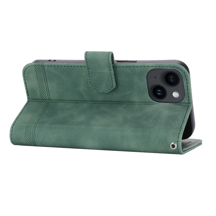 DIERFENG DF-03 Drop-proof Phone Case for iPhone 14, Lines Imprinted Leather Cell Phone Cover with Wallet Stand - Green