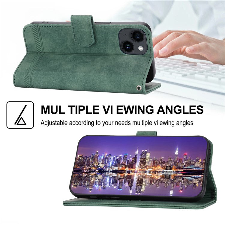 DIERFENG DF-03 Drop-proof Phone Case for iPhone 14, Lines Imprinted Leather Cell Phone Cover with Wallet Stand - Green