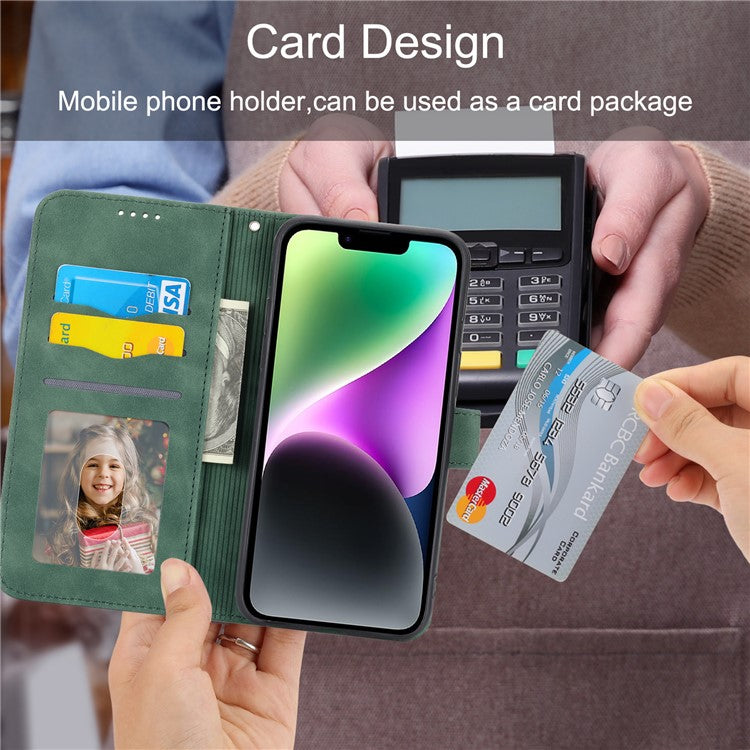 DIERFENG DF-03 Drop-proof Phone Case for iPhone 14, Lines Imprinted Leather Cell Phone Cover with Wallet Stand - Green