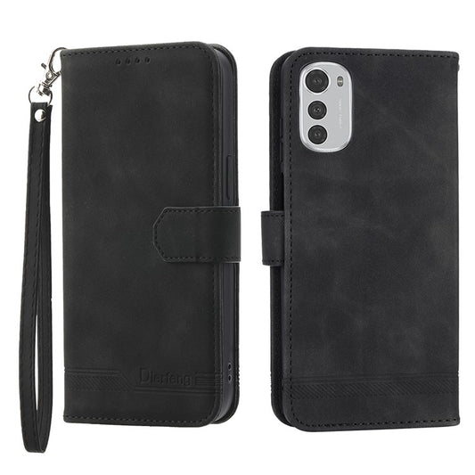 DIERFENG DF-03 Anti-scratch Leather Case for Motorola Moto E32 4G, Lines Imprinted Phone Wallet Stand Cover - Black