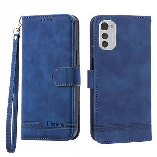 DIERFENG DF-03 Anti-scratch Leather Case for Motorola Moto E32 4G, Lines Imprinted Phone Wallet Stand Cover - Blue