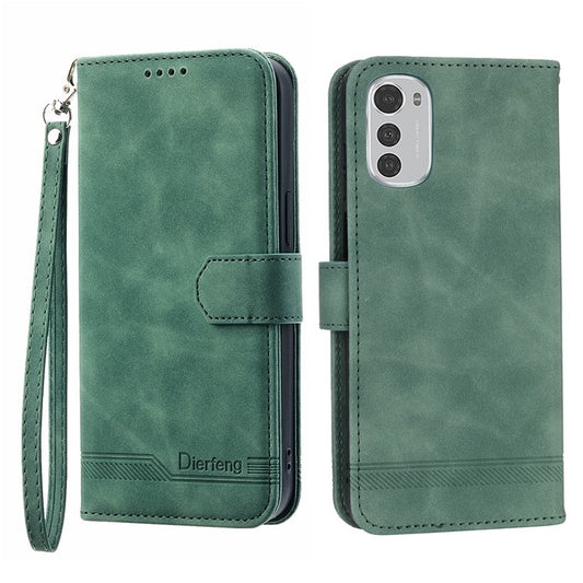 DIERFENG DF-03 Anti-scratch Leather Case for Motorola Moto E32 4G, Lines Imprinted Phone Wallet Stand Cover - Green