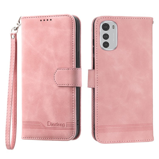 DIERFENG DF-03 Anti-scratch Leather Case for Motorola Moto E32 4G, Lines Imprinted Phone Wallet Stand Cover - Pink