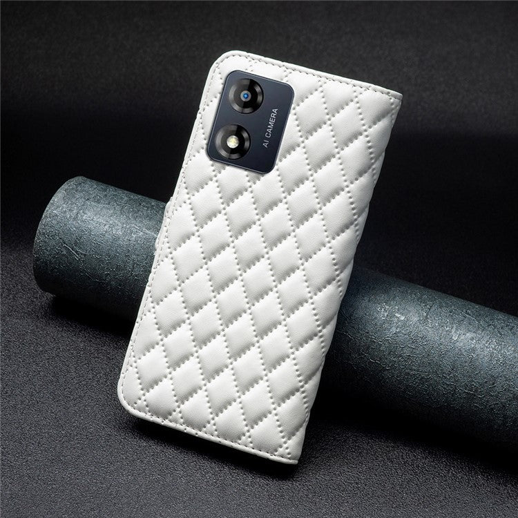 BINFEN COLOR for Motorola Moto E13 4G Anti-shock Leather Phone Case Wallet Stand BF Style-14 Anti-scratch Phone Cover - White