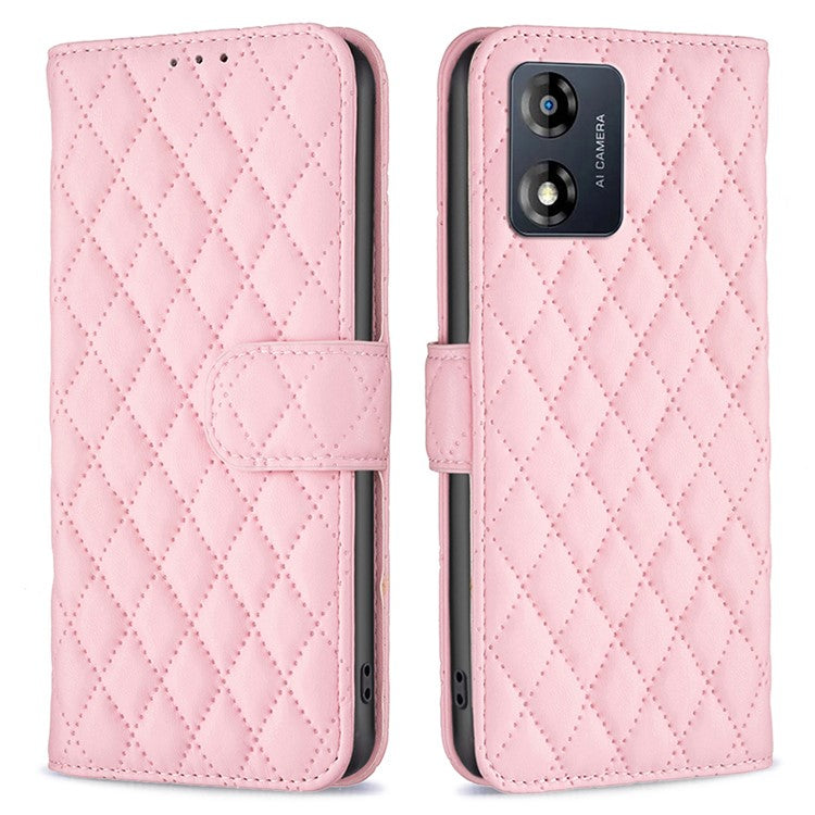 BINFEN COLOR for Motorola Moto E13 4G Anti-shock Leather Phone Case Wallet Stand BF Style-14 Anti-scratch Phone Cover - Pink