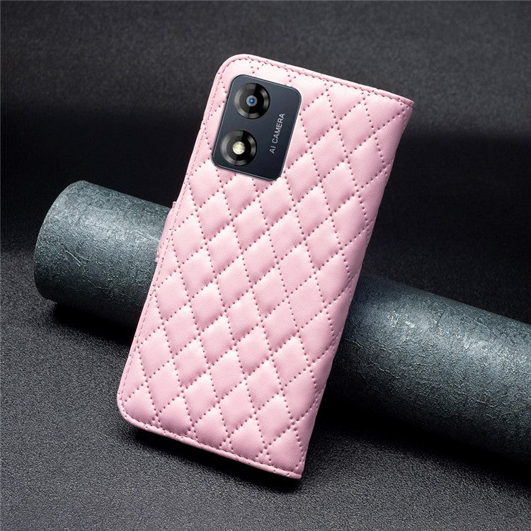 BINFEN COLOR for Motorola Moto E13 4G Anti-shock Leather Phone Case Wallet Stand BF Style-14 Anti-scratch Phone Cover - Pink