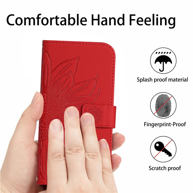 Anti-drop Phone Case For Motorola Moto G23 4G / G13 4G, HT04 Sunflower Imprinted Leather Anti-scratch Flip Wallet Cover Stand - Red