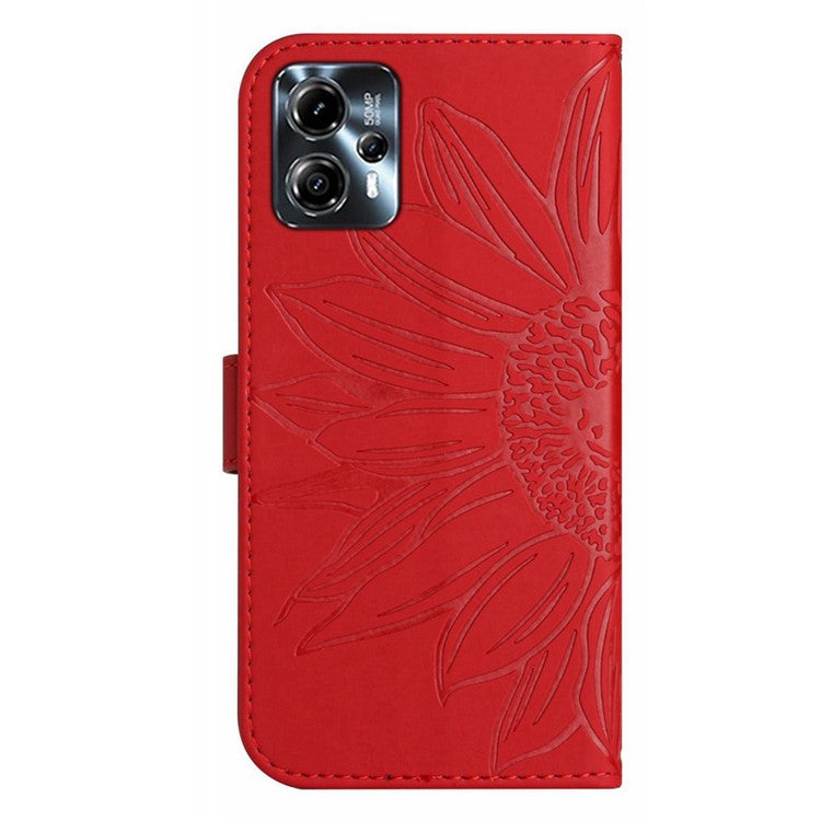 Anti-drop Phone Case For Motorola Moto G23 4G / G13 4G, HT04 Sunflower Imprinted Leather Anti-scratch Flip Wallet Cover Stand - Red