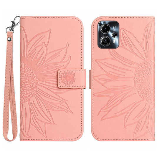 Anti-drop Phone Case For Motorola Moto G23 4G / G13 4G, HT04 Sunflower Imprinted Leather Anti-scratch Flip Wallet Cover Stand - Light Pink