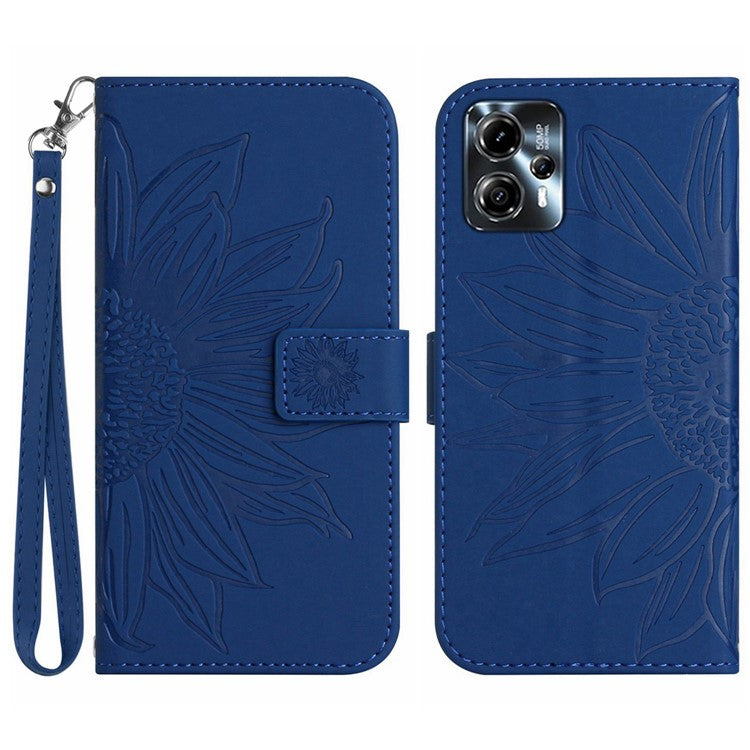 Anti-drop Phone Case For Motorola Moto G23 4G / G13 4G, HT04 Sunflower Imprinted Leather Anti-scratch Flip Wallet Cover Stand - Sapphire