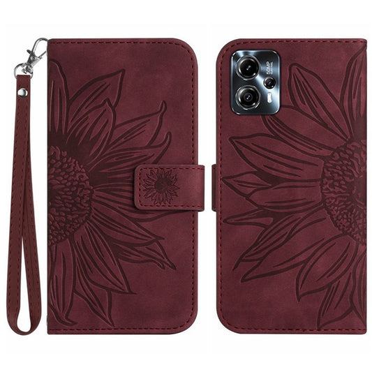 Anti-drop Phone Case For Motorola Moto G23 4G / G13 4G, HT04 Sunflower Imprinted Leather Anti-scratch Flip Wallet Cover Stand - Wine Red