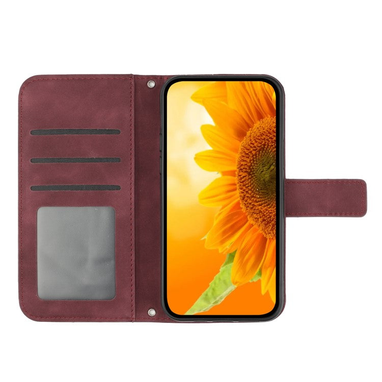Anti-drop Phone Case For Motorola Moto G23 4G / G13 4G, HT04 Sunflower Imprinted Leather Anti-scratch Flip Wallet Cover Stand - Wine Red