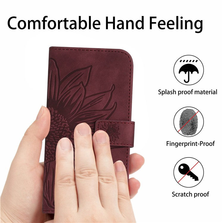 Anti-drop Phone Case For Motorola Moto G23 4G / G13 4G, HT04 Sunflower Imprinted Leather Anti-scratch Flip Wallet Cover Stand - Wine Red