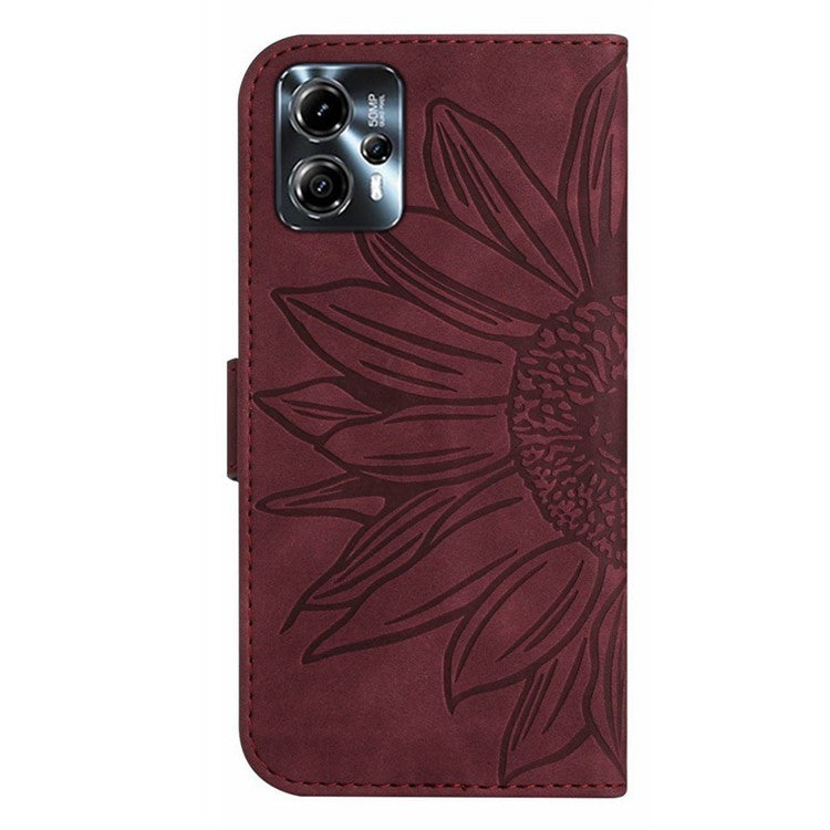 Anti-drop Phone Case For Motorola Moto G23 4G / G13 4G, HT04 Sunflower Imprinted Leather Anti-scratch Flip Wallet Cover Stand - Wine Red
