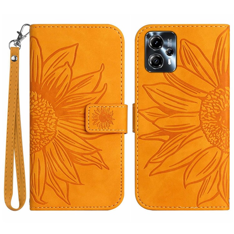 Anti-drop Phone Case For Motorola Moto G23 4G / G13 4G, HT04 Sunflower Imprinted Leather Anti-scratch Flip Wallet Cover Stand - Yellow