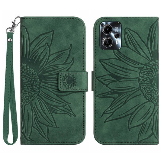 Anti-drop Phone Case For Motorola Moto G23 4G / G13 4G, HT04 Sunflower Imprinted Leather Anti-scratch Flip Wallet Cover Stand - Dark Green