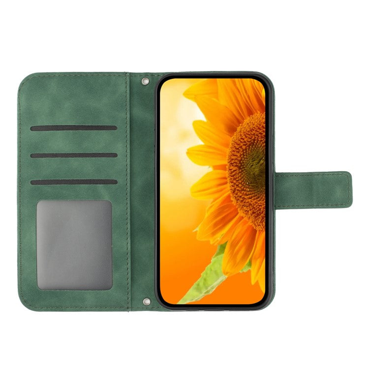 Anti-drop Phone Case For Motorola Moto G23 4G / G13 4G, HT04 Sunflower Imprinted Leather Anti-scratch Flip Wallet Cover Stand - Dark Green