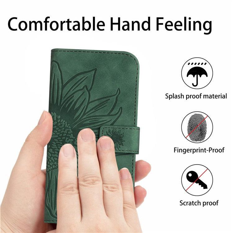 Anti-drop Phone Case For Motorola Moto G23 4G / G13 4G, HT04 Sunflower Imprinted Leather Anti-scratch Flip Wallet Cover Stand - Dark Green