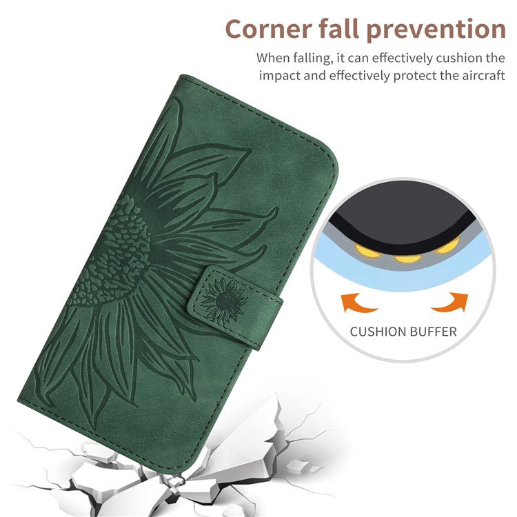 Anti-drop Phone Case For Motorola Moto G23 4G / G13 4G, HT04 Sunflower Imprinted Leather Anti-scratch Flip Wallet Cover Stand - Dark Green