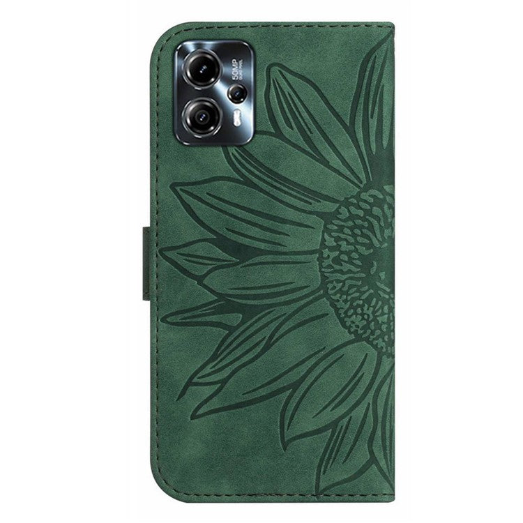 Anti-drop Phone Case For Motorola Moto G23 4G / G13 4G, HT04 Sunflower Imprinted Leather Anti-scratch Flip Wallet Cover Stand - Dark Green