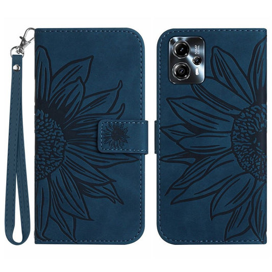 Anti-drop Phone Case For Motorola Moto G23 4G / G13 4G, HT04 Sunflower Imprinted Leather Anti-scratch Flip Wallet Cover Stand - Dark Blue