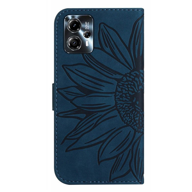 Anti-drop Phone Case For Motorola Moto G23 4G / G13 4G, HT04 Sunflower Imprinted Leather Anti-scratch Flip Wallet Cover Stand - Dark Blue