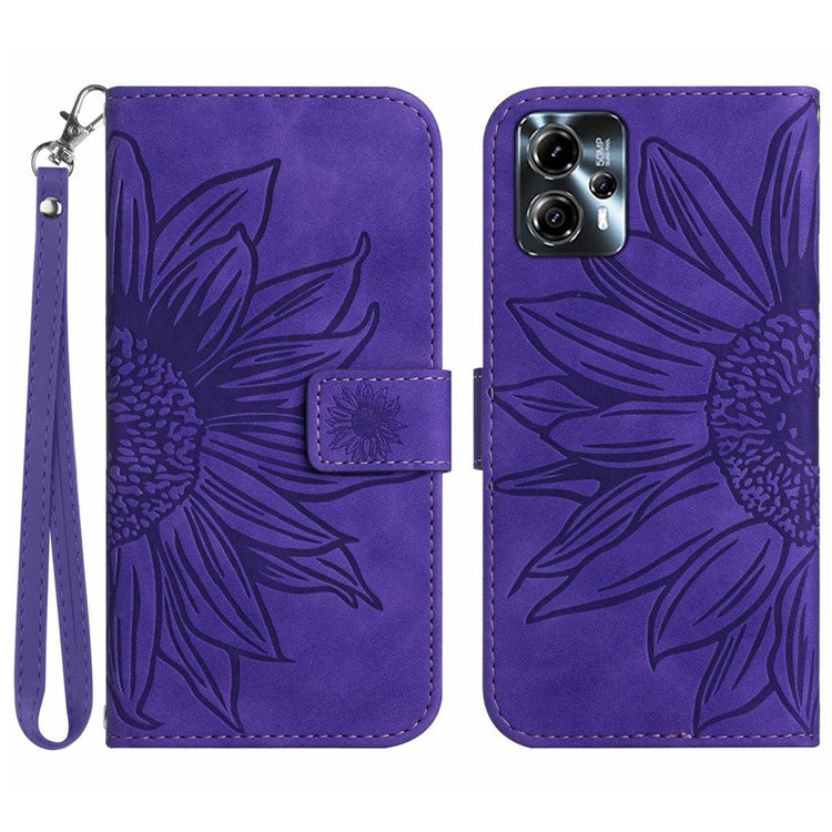 Anti-drop Phone Case For Motorola Moto G23 4G / G13 4G, HT04 Sunflower Imprinted Leather Anti-scratch Flip Wallet Cover Stand - Dark Purple