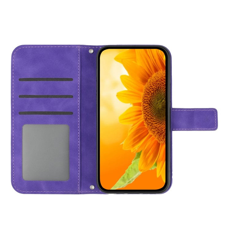 Anti-drop Phone Case For Motorola Moto G23 4G / G13 4G, HT04 Sunflower Imprinted Leather Anti-scratch Flip Wallet Cover Stand - Dark Purple