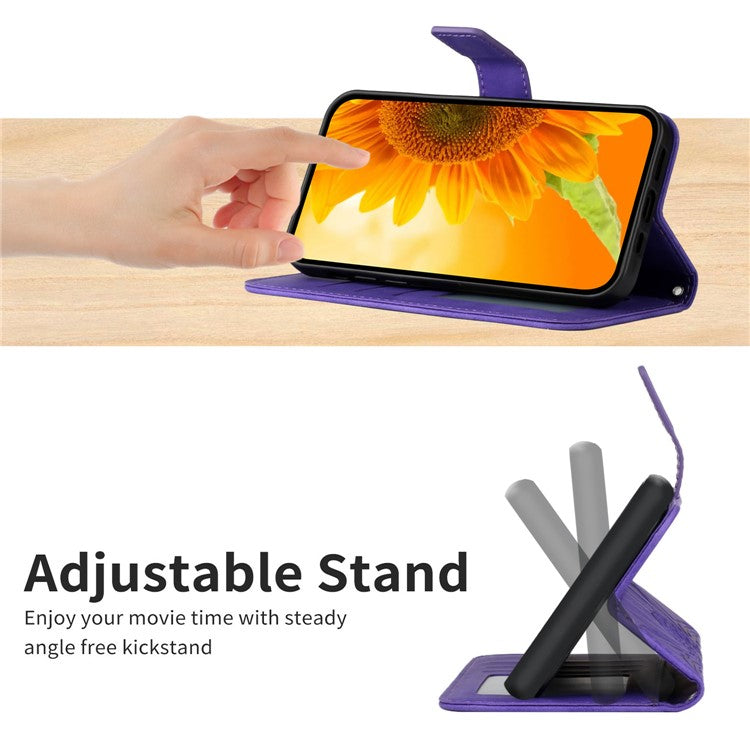 Anti-drop Phone Case For Motorola Moto G23 4G / G13 4G, HT04 Sunflower Imprinted Leather Anti-scratch Flip Wallet Cover Stand - Dark Purple