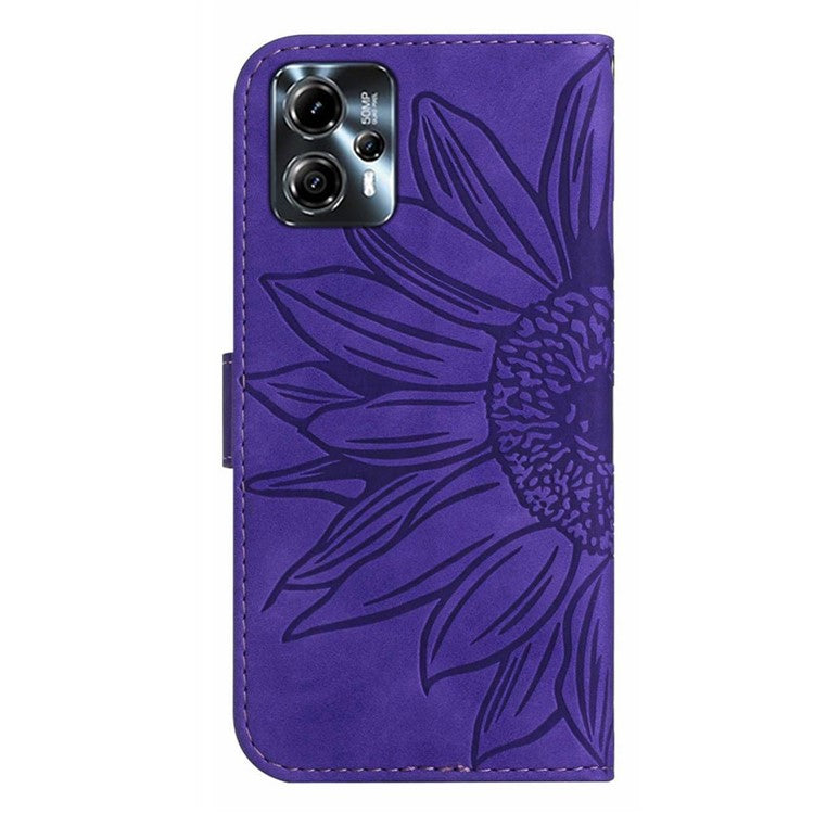 Anti-drop Phone Case For Motorola Moto G23 4G / G13 4G, HT04 Sunflower Imprinted Leather Anti-scratch Flip Wallet Cover Stand - Dark Purple