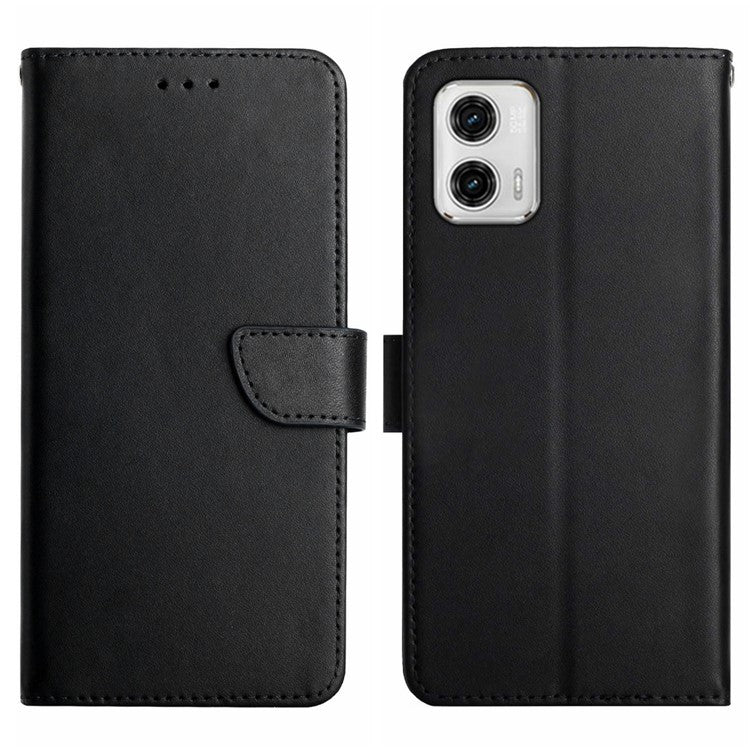 HT02 For Motorola Moto G73 5G Anti-Scratch Genuine Leather Phone Case Nappa Texture Wallet Stand Protective Cover - Black