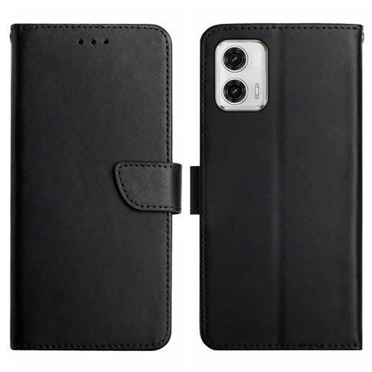 HT02 For Motorola Moto G73 5G Anti-Scratch Genuine Leather Phone Case Nappa Texture Wallet Stand Protective Cover - Black