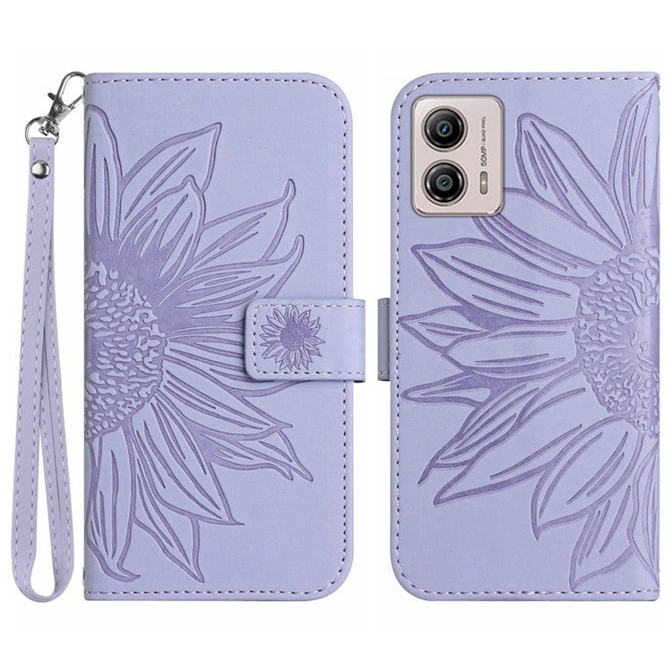Shockproof Leather Phone Case Stand For Motorola Moto G53 5G, HT04 Sunflower Imprinted Anti-scratch Phone Flip Wallet Cover - Light Purple