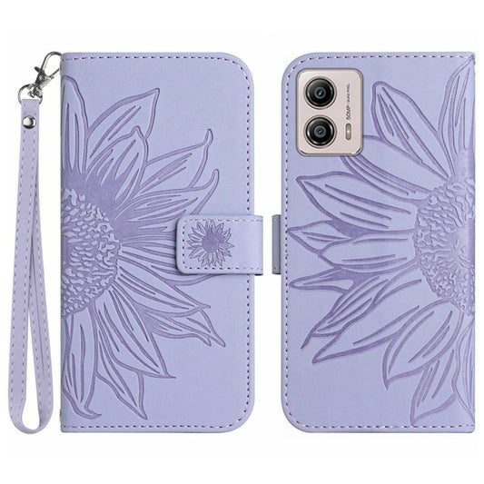 Shockproof Leather Phone Case Stand For Motorola Moto G53 5G, HT04 Sunflower Imprinted Anti-scratch Phone Flip Wallet Cover - Light Purple
