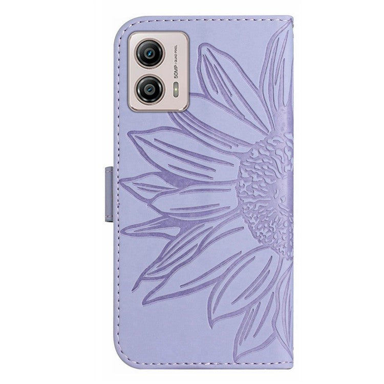 Shockproof Leather Phone Case Stand For Motorola Moto G53 5G, HT04 Sunflower Imprinted Anti-scratch Phone Flip Wallet Cover - Light Purple