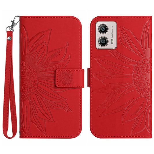 Shockproof Leather Phone Case Stand For Motorola Moto G53 5G, HT04 Sunflower Imprinted Anti-scratch Phone Flip Wallet Cover - Red