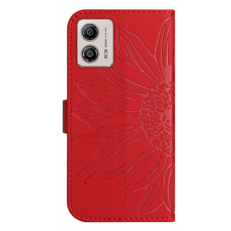 Shockproof Leather Phone Case Stand For Motorola Moto G53 5G, HT04 Sunflower Imprinted Anti-scratch Phone Flip Wallet Cover - Red